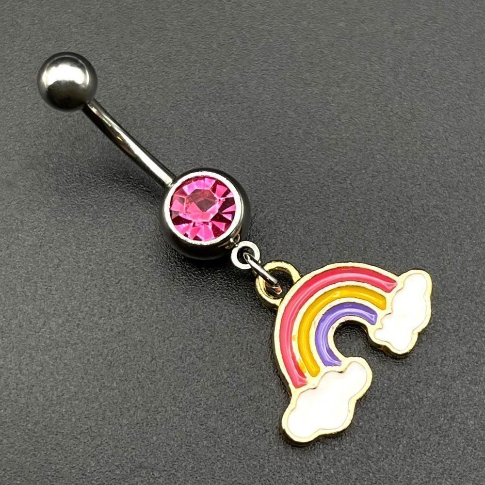 316L Stainless Steel with Pink Sapphire CZ and Rainbow Charm Dangle Belly Ring